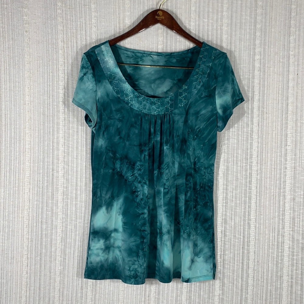 Vintage 80s Green Tie Dye Tunic Top Boho Embroidered Neck Pleated Scoop Neck L